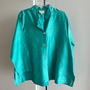 Kathleen Sommers Designer Long Sleeve Oversized 100% Silk Blouse Teal Blue XXL